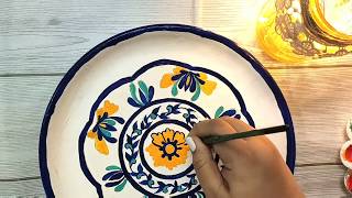 DIY hand painted Plate  Jaipur Blue pottery painting  Ceramic or Melamine plate paintingUpcycling [upl. by Tahpos]